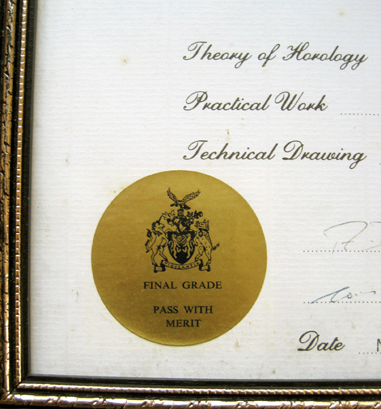 British Horological Institute qualification grade: Pass with Merit