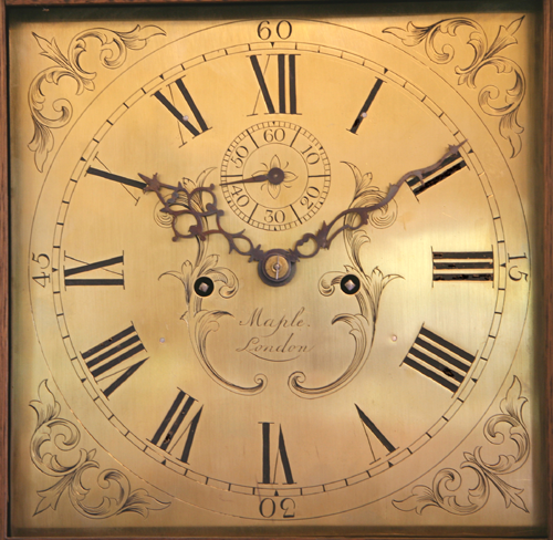 Longcase clock, Maple of London, view of the dial